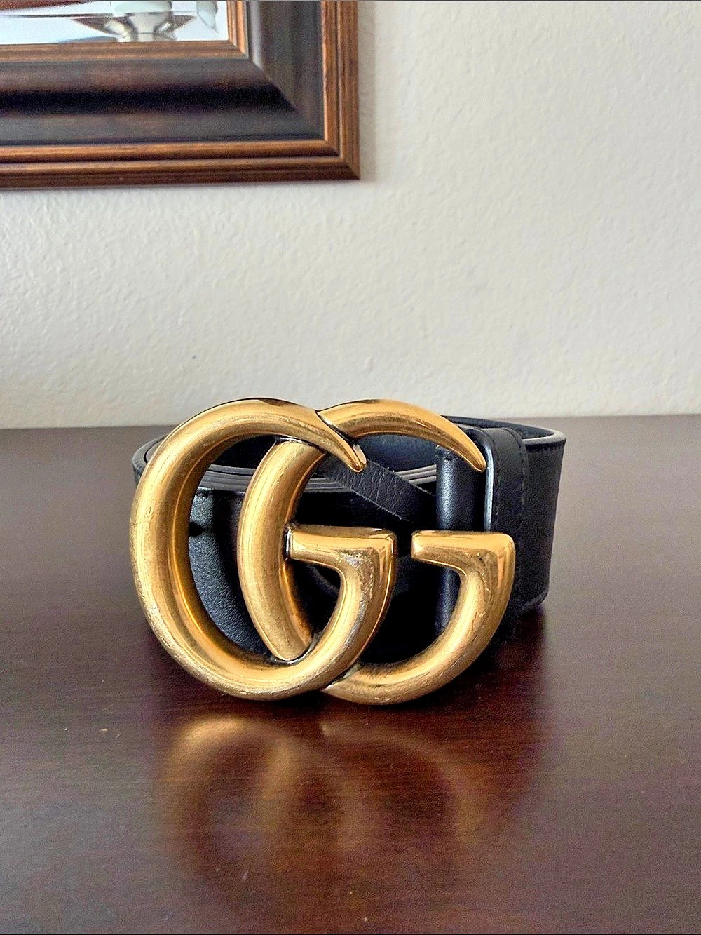 Gucci GG Marmont Wide Leather Belt Black & Gold